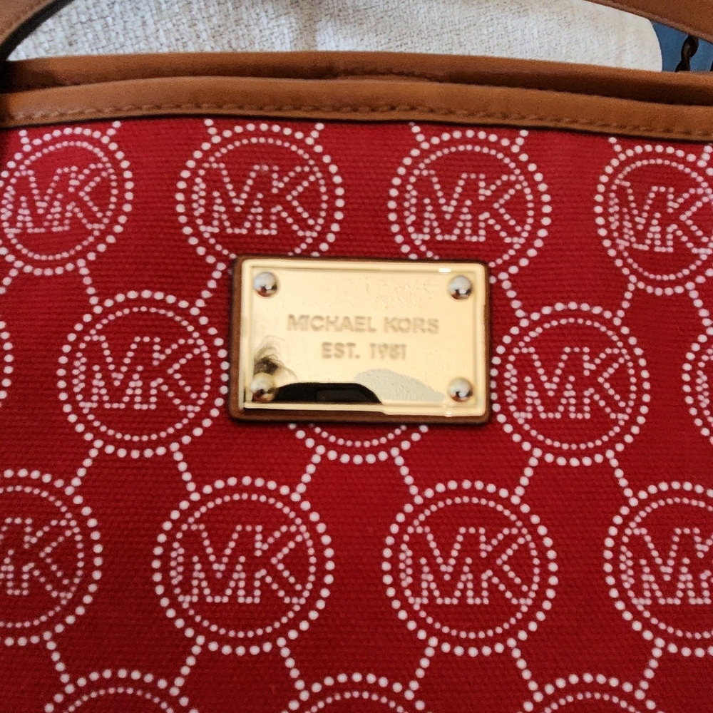 Euc Michael Kors Red & White Fabric Tote Bag Purse - Picture 5 of 12